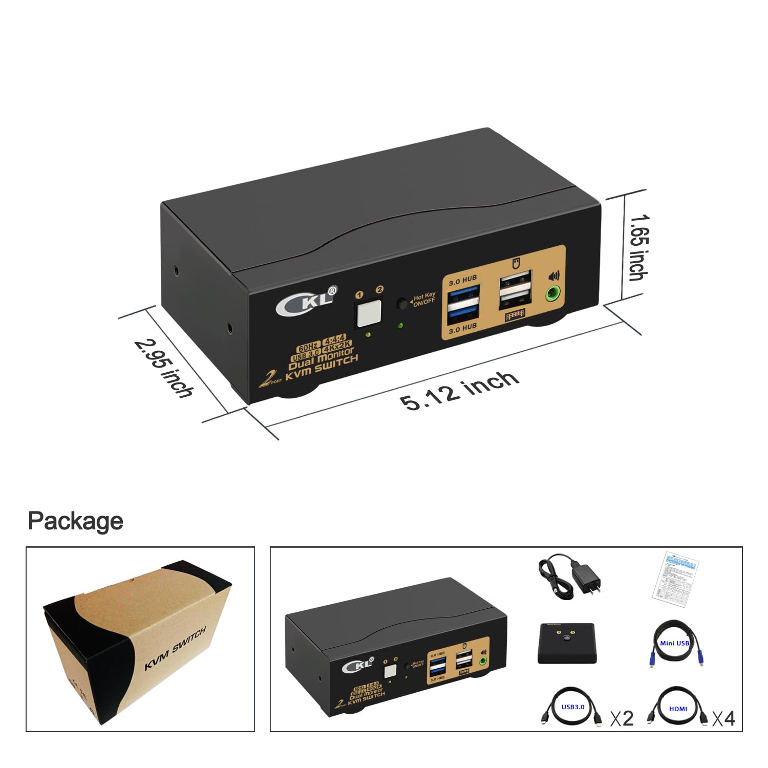Dual Monitor KVM Switch HDMI 4K@60Hz for Home and Office to Console Desktops/Laptops, Support USB 3.0, Hot Key, Audio, Wireless Keyboard and Mouse (2 Monitors 2 Computers 922HUA-3)