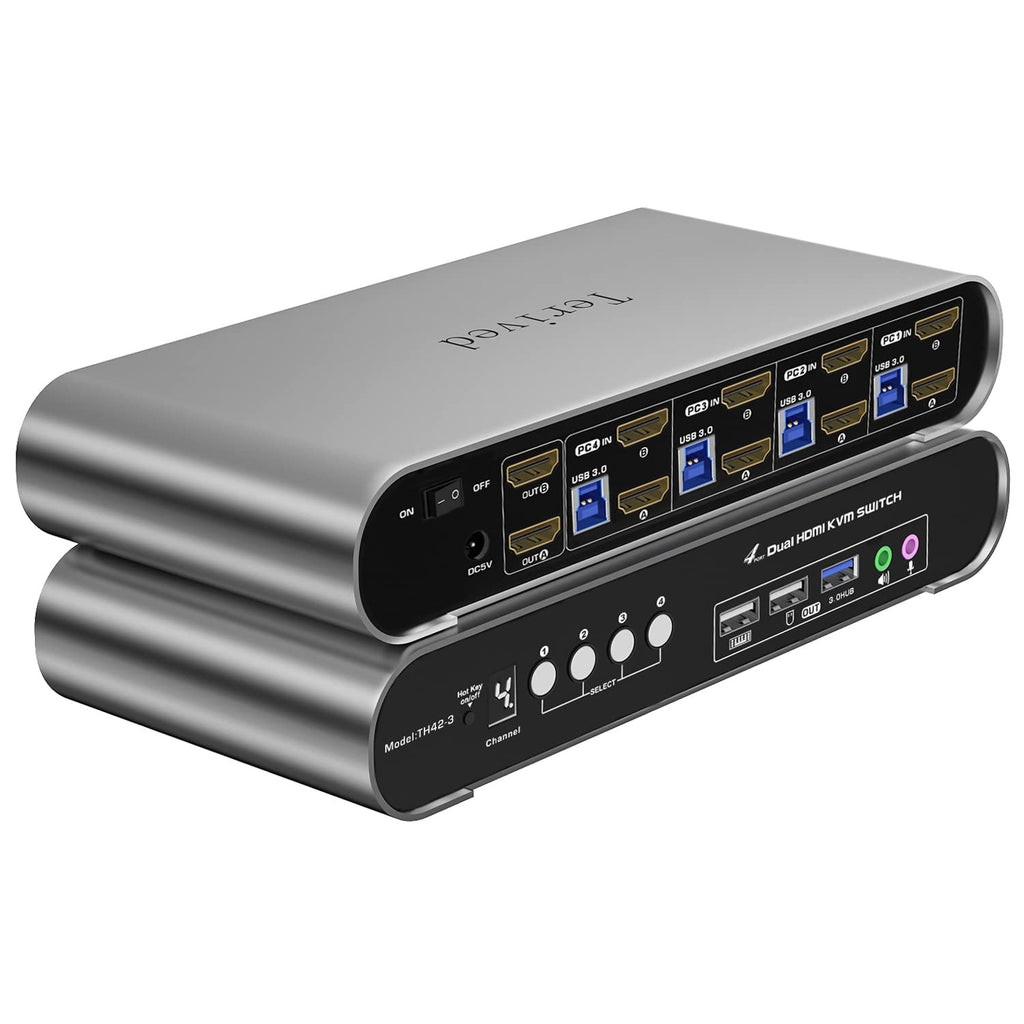4 Computers 2 Monitors USB 3.0 HDMI KVM Switch 4K@60Hz with Hotkey Switching, Automatic Switching 4 Port Dual Monitor, Aluminum, Digital Display, USB 3.0 Audio/Mic, EDID, HDR10 with Cables
