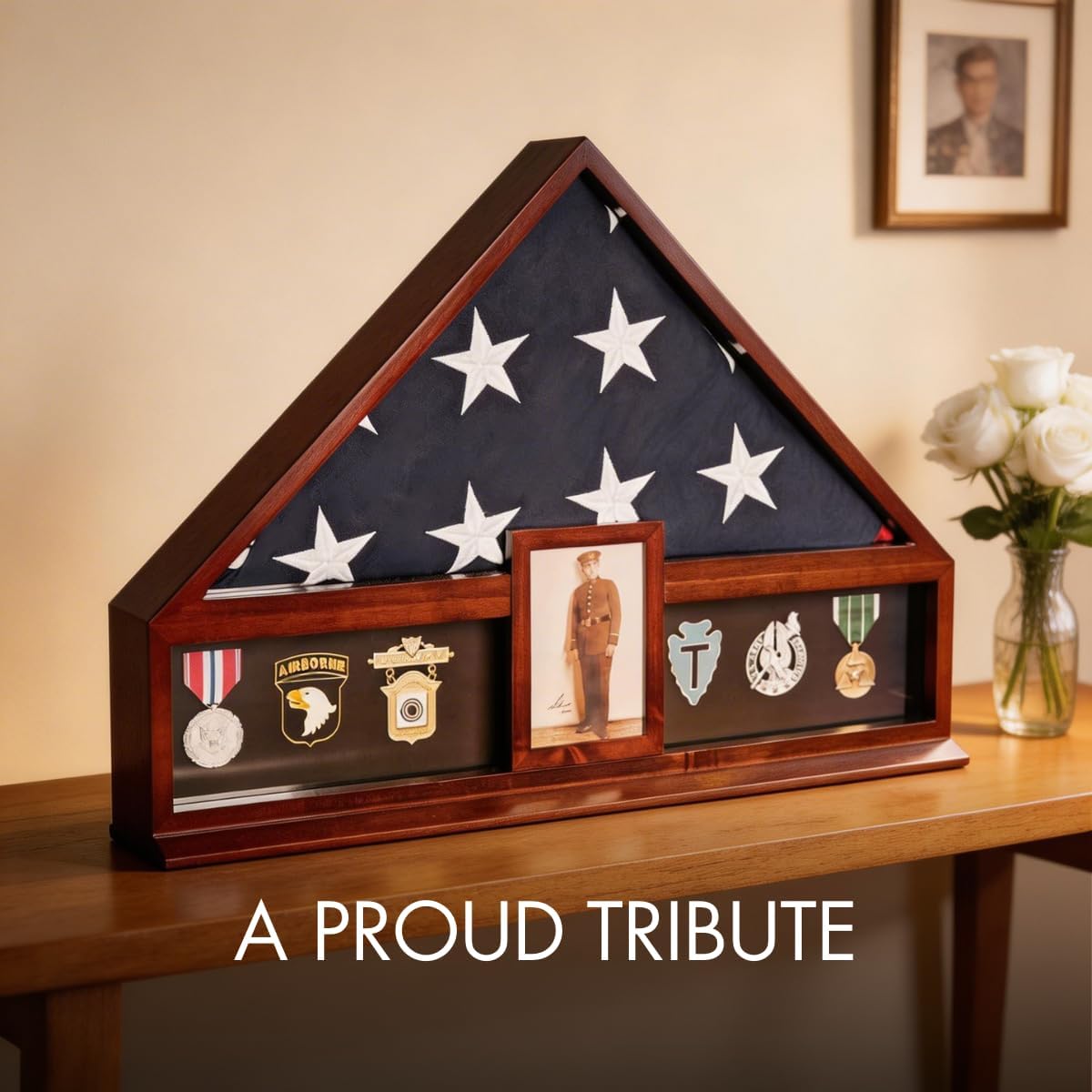 Bey-Berk Custom Personalized American Flag Display Case for 5' x 9.5' Burial Memorial Flag, Military Medal Shadow Box with Glass Front and 4'x 6' Picture Frame (Mahogany)