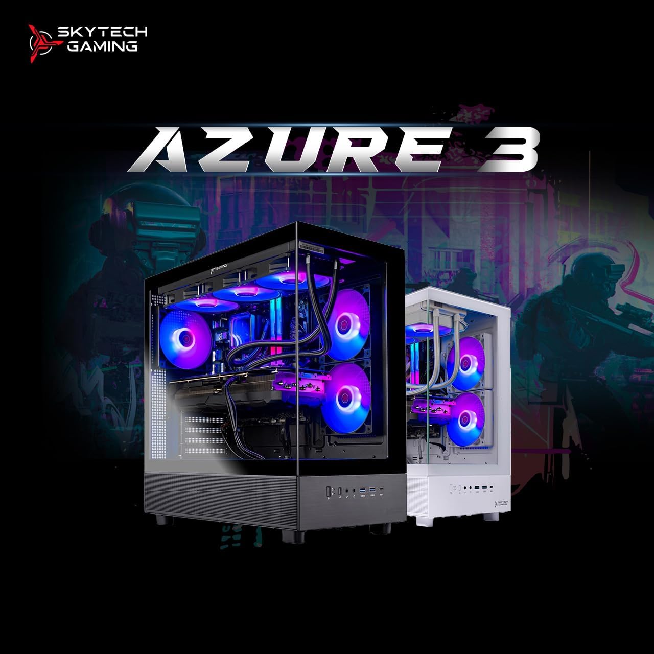 Skytech Gaming Azure 3 Gaming PC, AMD Ryzen 7 9700X 3.8GHz, NVIDIA RTX 5060, 1TB NVMe SSD, 16GB DDR5 RAM 6000, 850W Gold ATX 3 PSU, 360 ARGB AIO, Wi-Fi, Win 11, Desktop