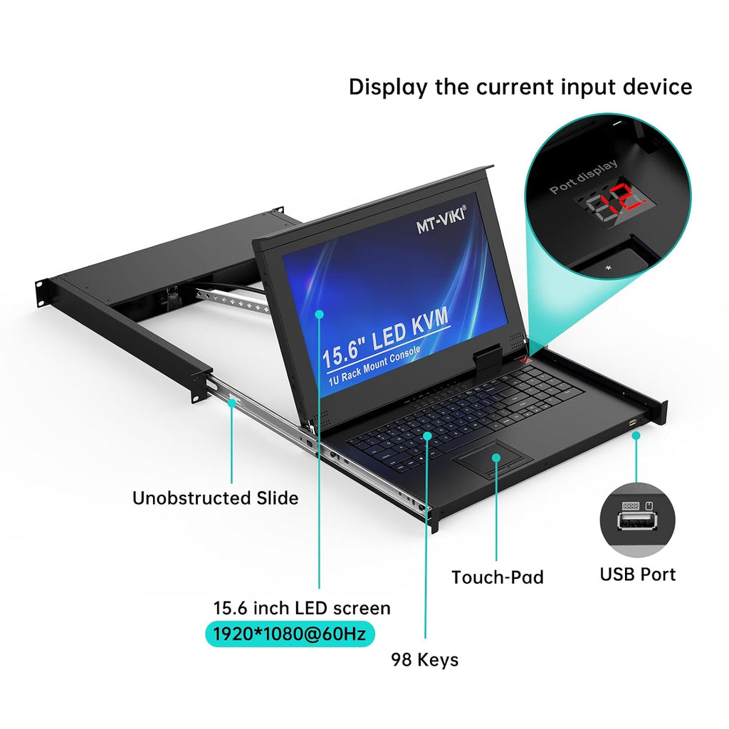 MT-VIKI 16-Port HDMI LCD KVM Console, 1U Rack Mount with 15.6'' LCD Monitor, 1080P@60Hz + 16 KVM Cables, for Short-Depth & Standard Rack