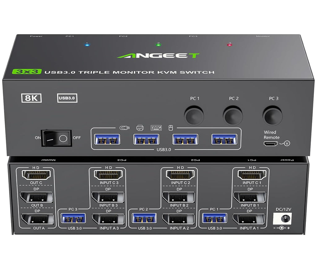 KVM Switch 3 Monitors 4 Computers 4K@60Hz,EDID Simulation,HDMI Displayport Triple Monitor KVM Switch,3 Monitor KVM with 4 USB 3.0 Ports for Keyboard Mouse, Wired Remote and 4 USB3.0 Cables Included