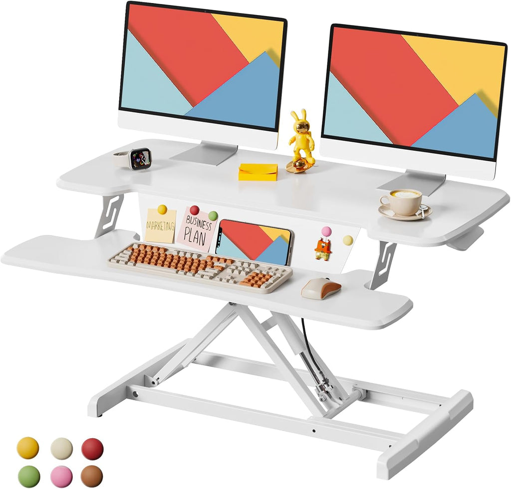 JOY worker Standing Desk Converter, 35' Height Adjustable Sit Stand Up Desk Riser with Keyboard Tray & 6 Fridge Magnets, Desktop Workstation Riser for Home Office Computer Laptop, White