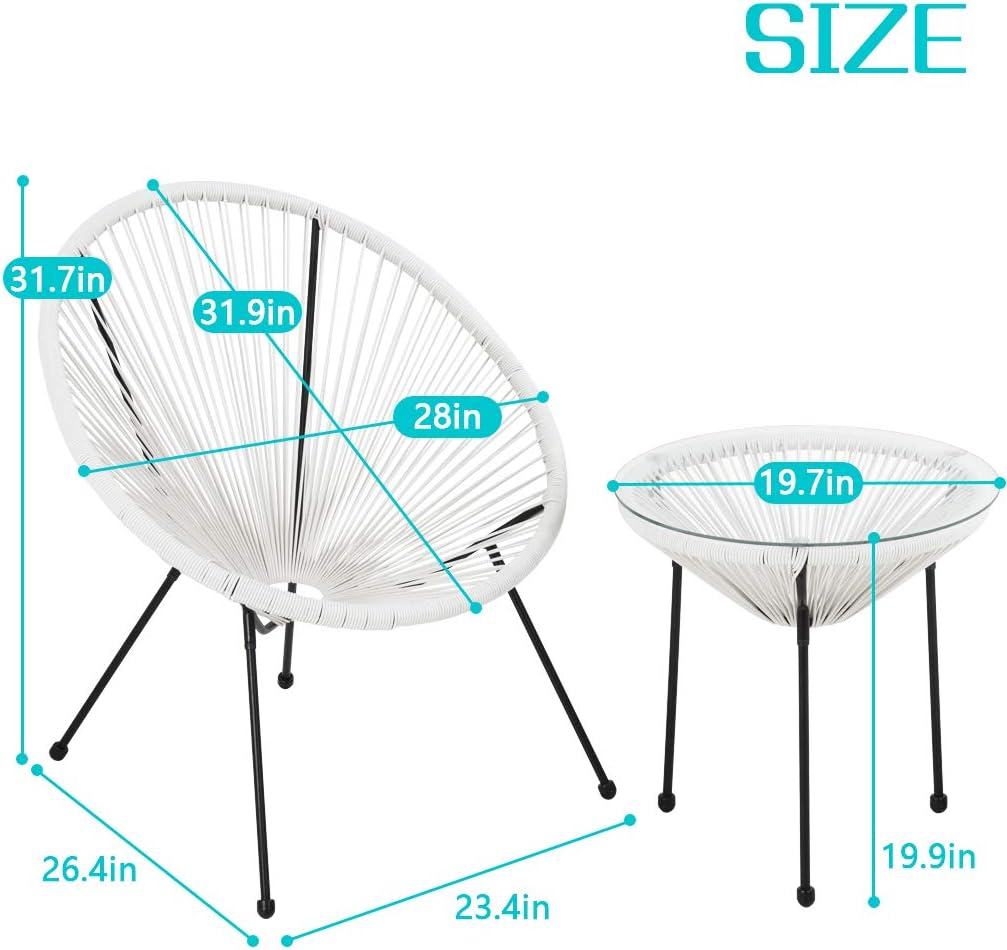 FDW Patio Bistro Set Bistro Table Set Acapulco Chairs Outdoor Chairs Set of 2 All-Weather Hammock Weave Chair Set of 2 and Glass Top Side Table Small Patio Furniture Set, White
