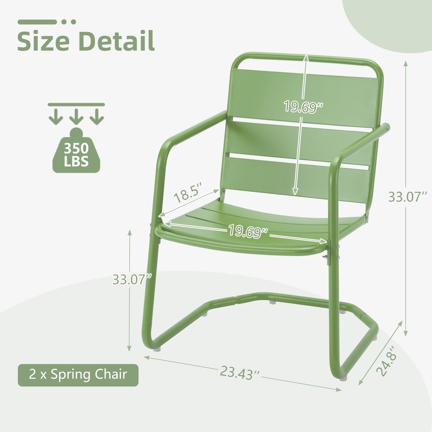 MELLCOM Patio Chairs Set of 2, Small Patio Furniture Set - 2 C-Spring Metal Chairs, Outdoor Bistro Set for Balcony, Front Porch, Poolside, Garden, Deck, Indoor, Green