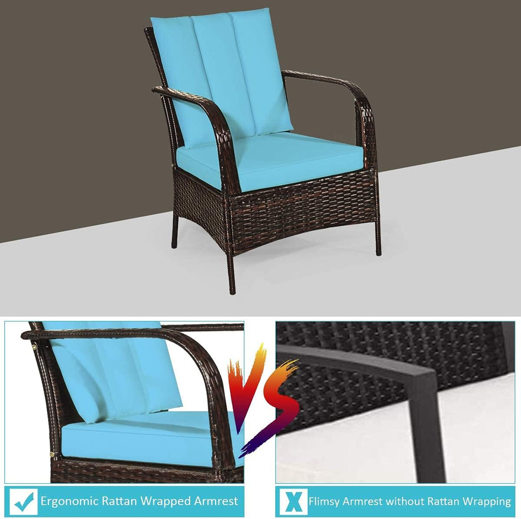 Tangkula 3 Piece Patio Furniture Set, 2 Wicker Chairs with Glass Top Coffee Table, Outdoor Garden Porch Poolside Furniture Set for 2, Rattan Conversation Set
