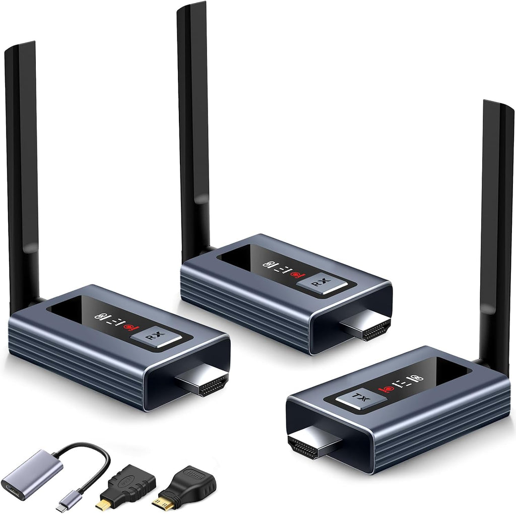 Upgraded Wireless HDMI Transmitter and 2 Receivers with LED Screen, Up to 6 RXs,165FT Plug & Play 1080P HD Output 5.8GHz Extender for TV Box/Laptop/Projector/Camera to Multiple Screens Grey