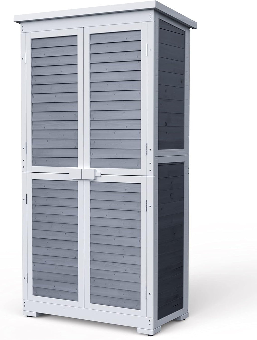 Gizoon Outdoor Storage Cabinet with 3 Shelves, Double Lockable Wooden Garden Shed with Waterproof Roof, Outside Vertical Tall Tool Shed for Yard Patio Lawn Deck-Grey