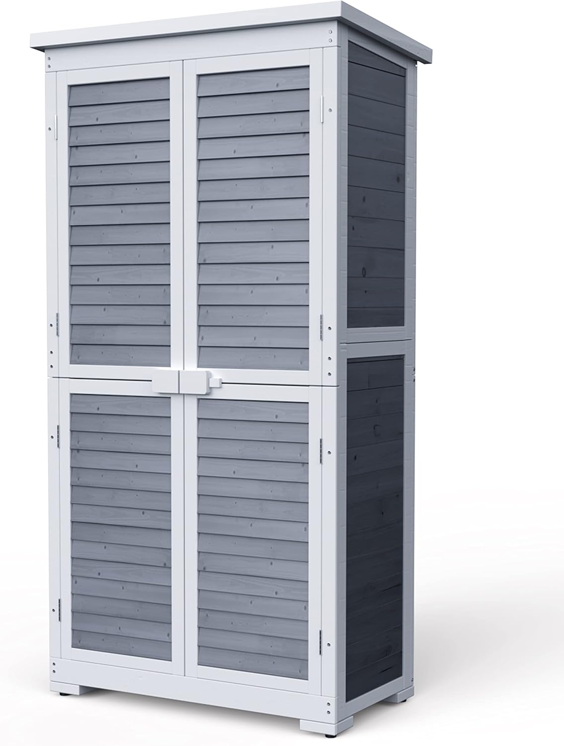 Gizoon Outdoor Storage Cabinet with 3 Shelves, Double Lockable Wooden Garden Shed with Waterproof Roof, Outside Vertical Tall Tool Shed for Yard Patio Lawn Deck-Grey