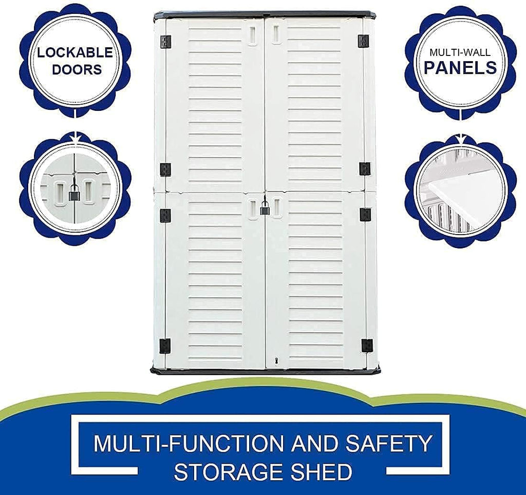 KINYING Outdoor Storage Shed Waterproof, Resin Vertical Storage Cabinet Double-Layered, Versatile to Store Patio Furniture, Garden Tools, Pool Accessories,Mower (66 Cu.ft,White)