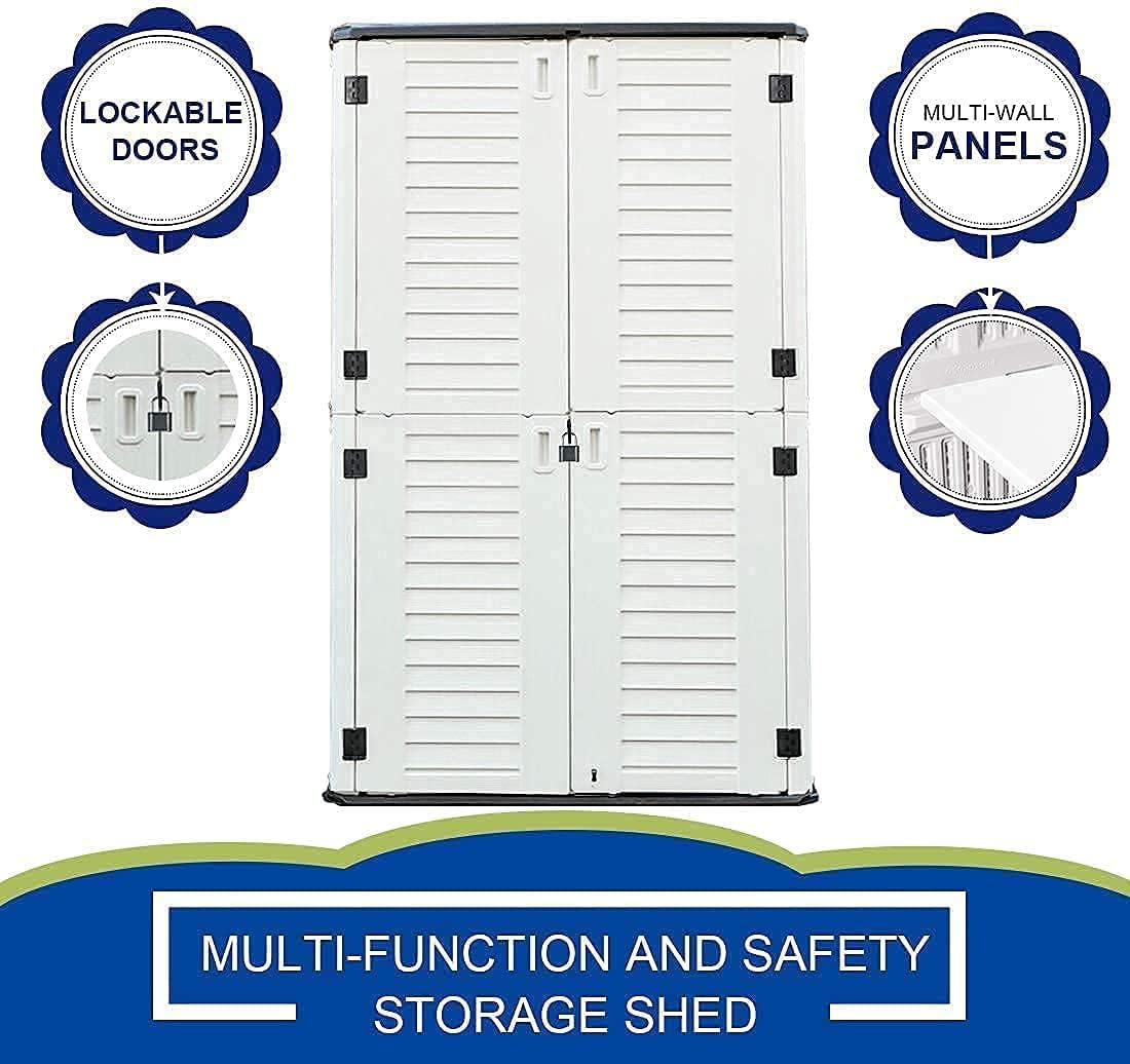 KINYING Outdoor Storage Shed Waterproof, Resin Vertical Storage Cabinet Double-Layered, Versatile to Store Patio Furniture, Garden Tools, Pool Accessories,Mower (66 Cu.ft,White)