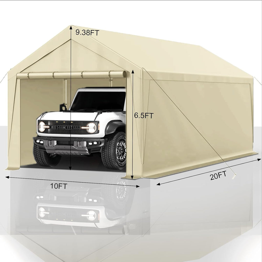 Carport 10x20 Ft Heavy Duty Canopy Steel Canopy Storage Shed,Portable Garage Party Tent,Portable Garage with Removable Sidewalls & Doors All-Season Tarp for Carport (Beige)