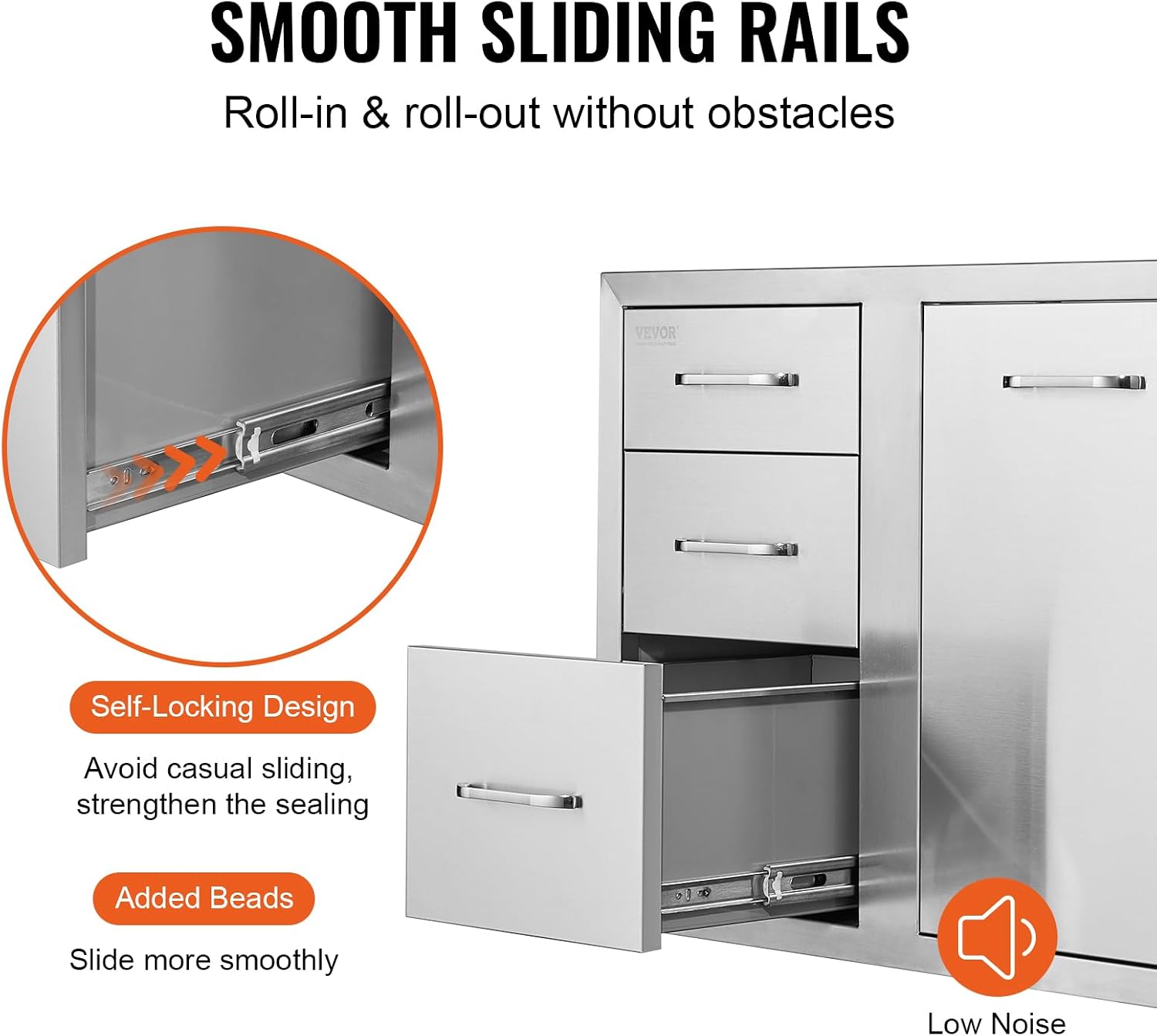 VEVOR Stainless Steel Cabinet, Outdoor Kitchen Door Drawer Combo 29.5' W x 22.6' H x 21.7' D, Access Door/Triple Drawers, Propane Drawer, Adjustable Garbage Ring, BBQ Island Patio Grill Station