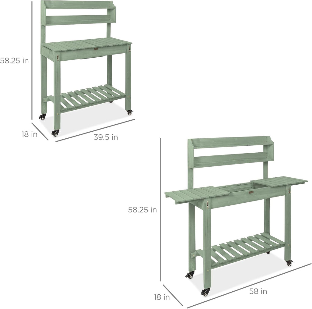 Best Choice Products Mobile Garden Potting Bench, Outdoor Wood Workstation Table w/Sliding Tabletop, 4 Locking Wheels, Food Grade Dry Sink, Storage Shelves - Sage Green