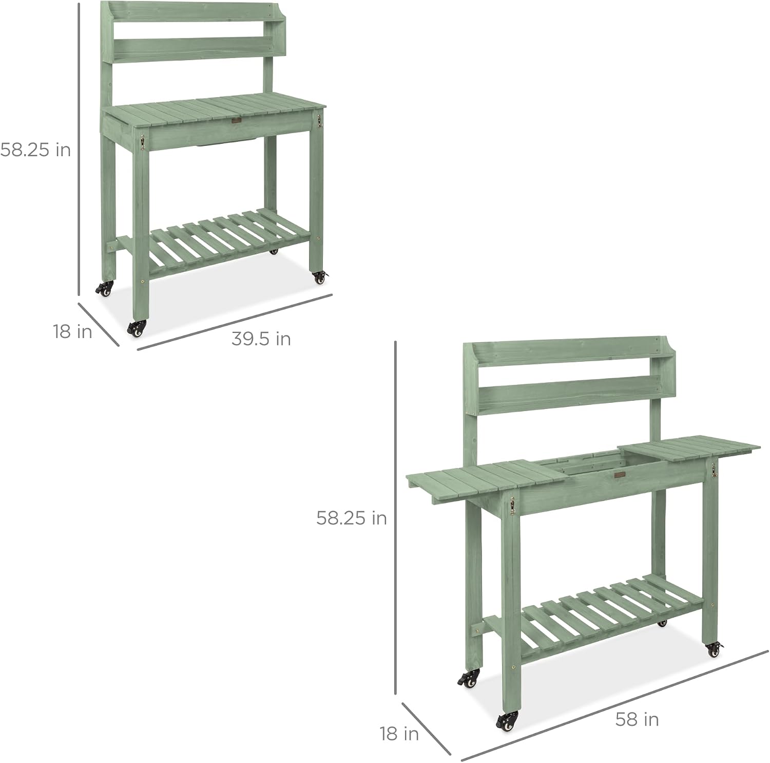 Best Choice Products Mobile Garden Potting Bench, Outdoor Wood Workstation Table w/Sliding Tabletop, 4 Locking Wheels, Food Grade Dry Sink, Storage Shelves - Sage Green