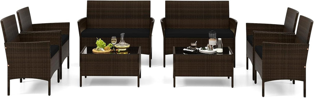 Tangkula 8 Piece Patio Rattan Conversation Set, Outdoor Wicker Furniture Set with Chair, Loveseat & Tempered Glass Table, Cozy Seat Cushions, Outside Sectional Sofa Set for Backyard, Porch (1,Black)