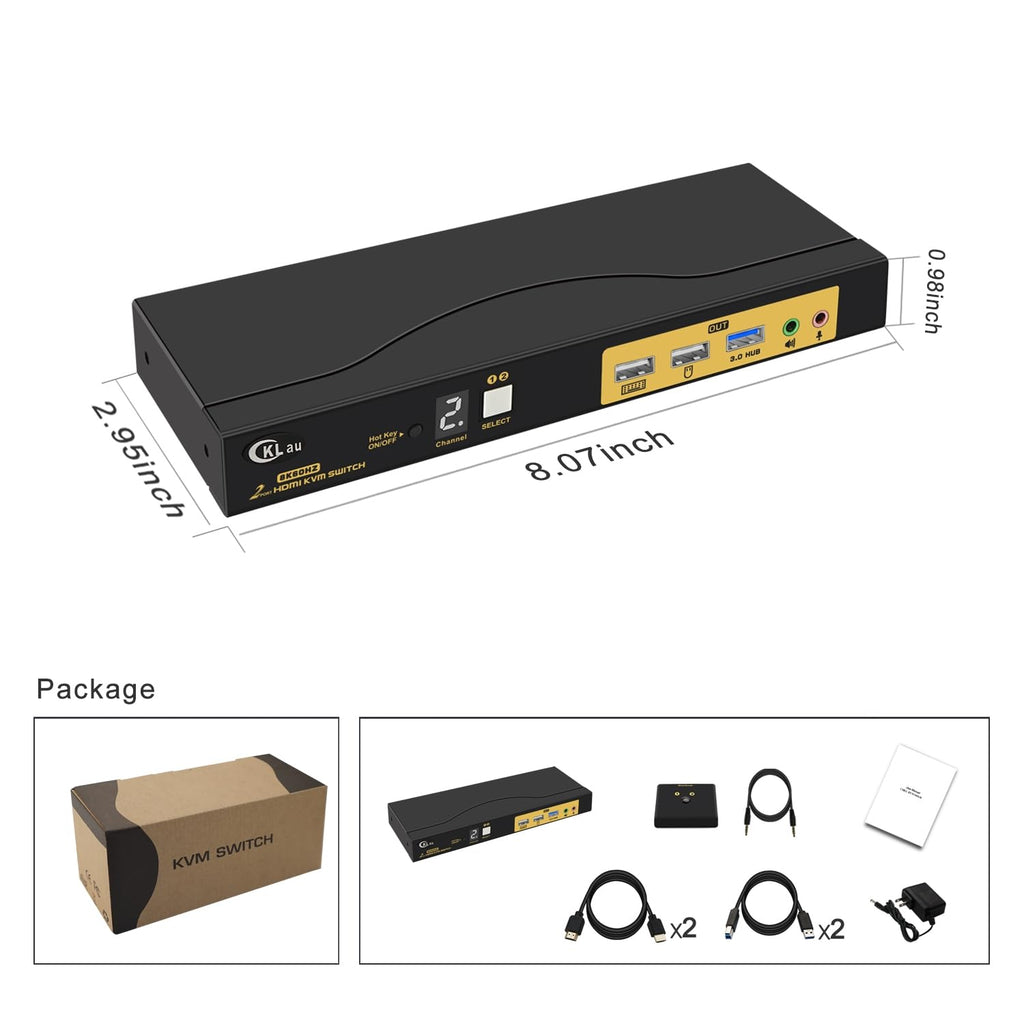 2x1 8K@60Hz 4K@144Hz KVM HDMI Switch with Audio and Cables Support Hotkey Switching, Emulation EDID, 5.1 Channel Digital Fiber Optical Audio, 7.1 Surround Sound Audio Output