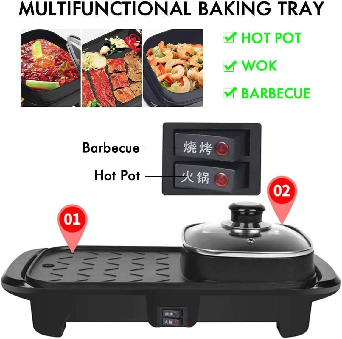 Raclette Electric Griddles 2In1 Electric Grill & Hot Pot Non-Stick Indoor Baking Flat Pan Hotpot Smokeless Grill BBQ Flat Griddle 1100W