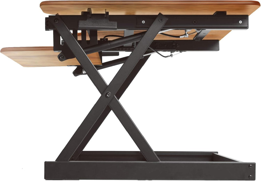 Rocelco 46' Large Height Adjustable Corner Standing Desk Converter - Quick Sit Stand Up Dual Monitor Riser - Gas Spring Assist Computer Workstation - Wide Keyboard Tray - Teak Wood Grain (R CADRT-46)