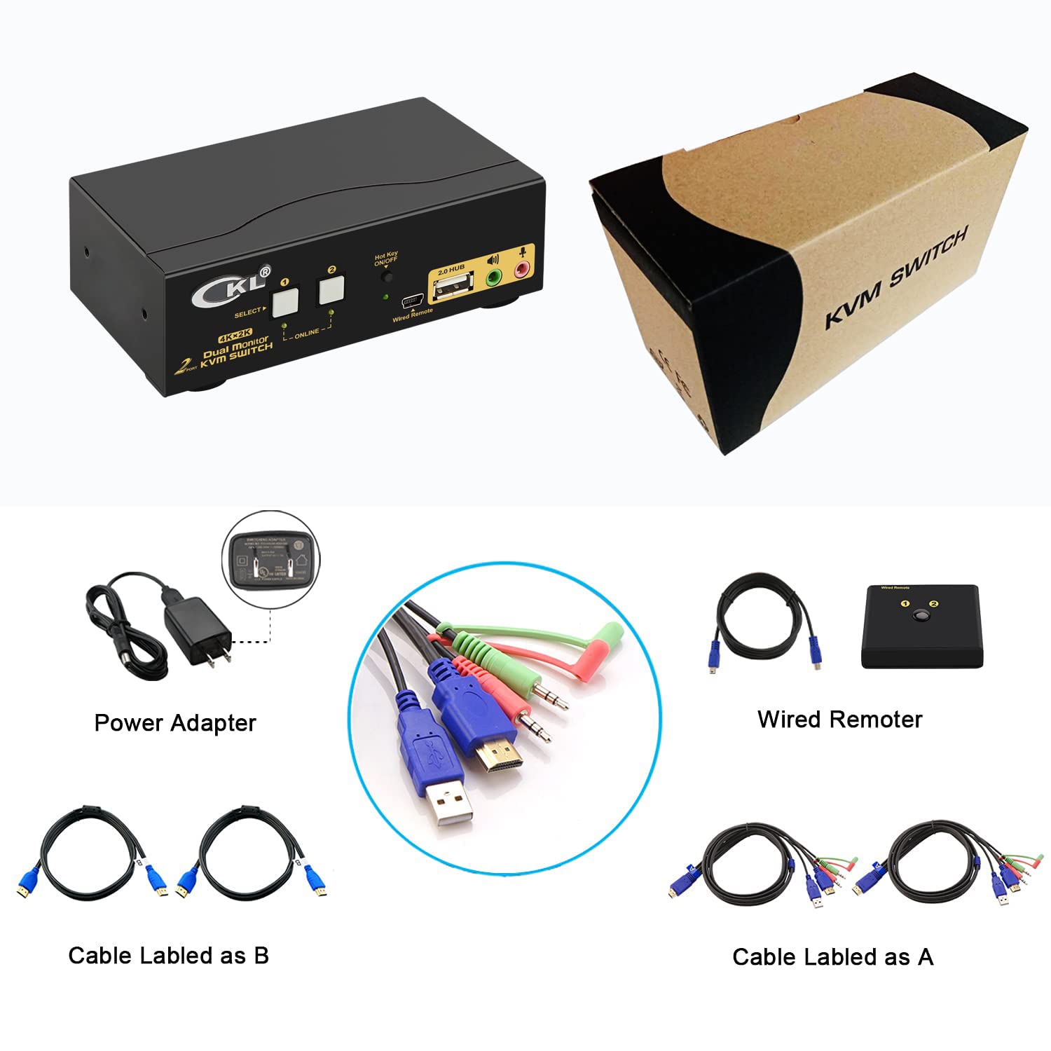 CKL 4K KVM Switch Dual Monitor for 2 Computers 2 Monitors (HDMI+ HDMI 4K@30Hz)