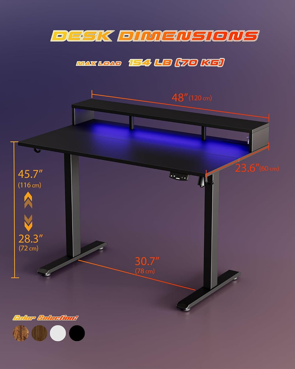 Agilestic 48x24 Inch Electric Standing Desk with Shelf, Height Adjustable Desk with Power Outlets & LED, Sit Stand Up Table with Monitor Stand, Computer Workstation, Black