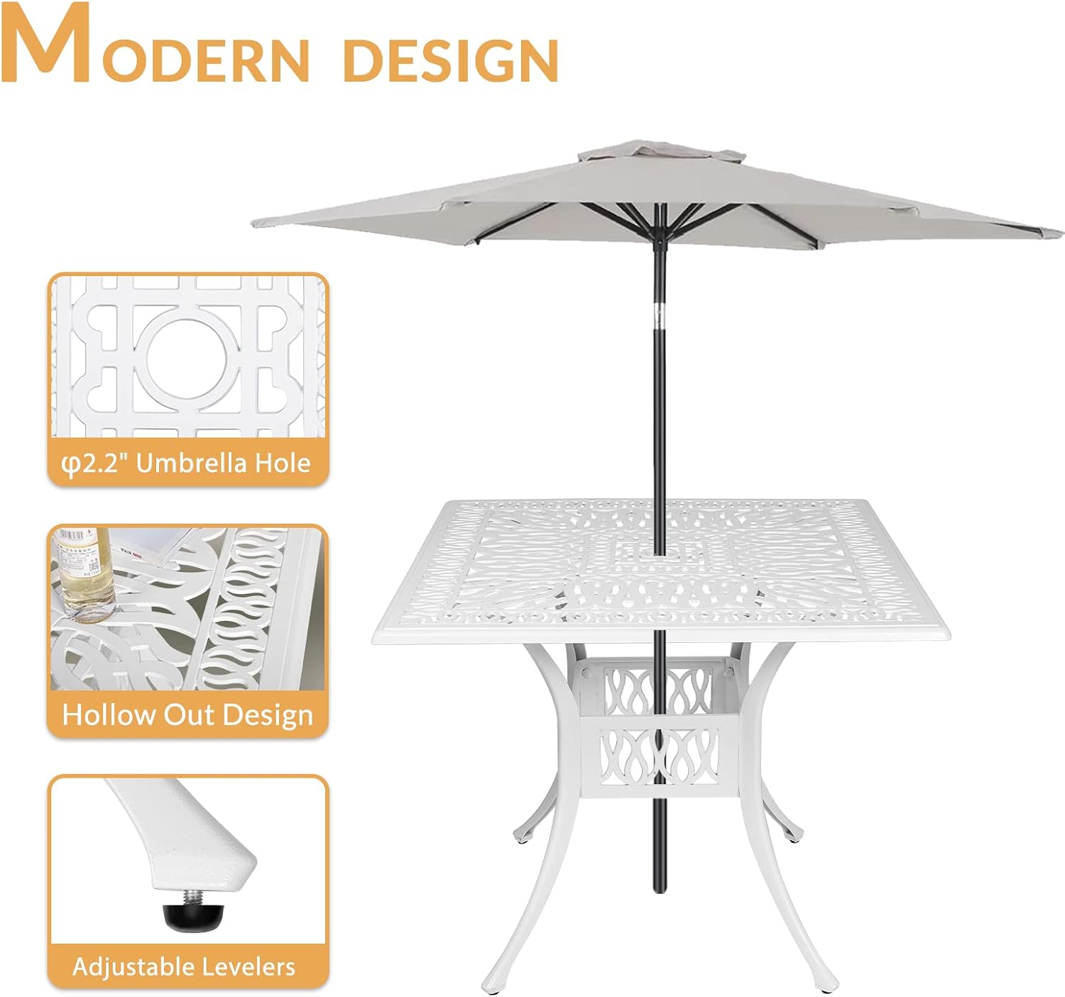5-Piece Outdoor Patio Dining Set, All-Weather Cast Aluminum Patio Furniture Set for Backyard Garden Deck with 4 Chairs, 4 Cushions and 35.4' Square Table, 2.2' Umbrella Hole, White