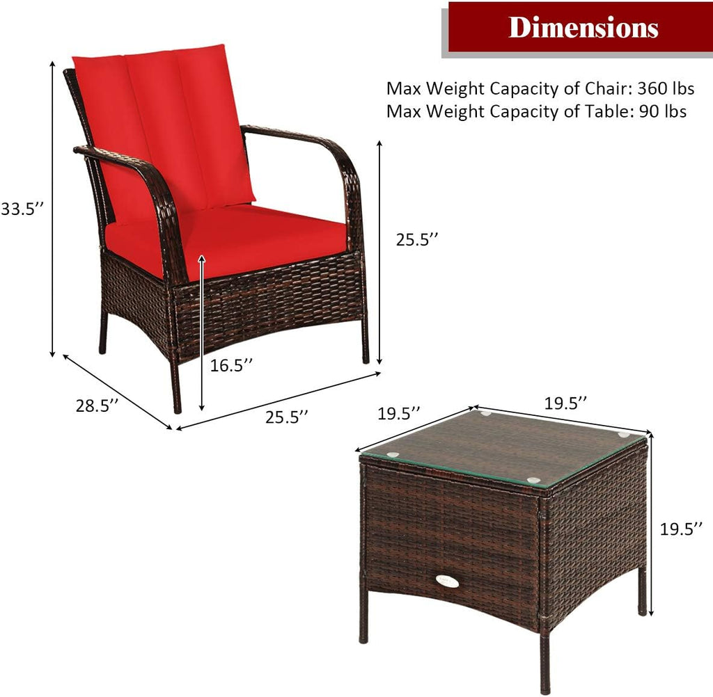 Tangkula 3 Piece Patio Furniture Set, 2 Wicker Chairs with Glass Top Coffee Table, Outdoor Garden Porch Poolside Furniture Set for 2, Rattan Conversation Set