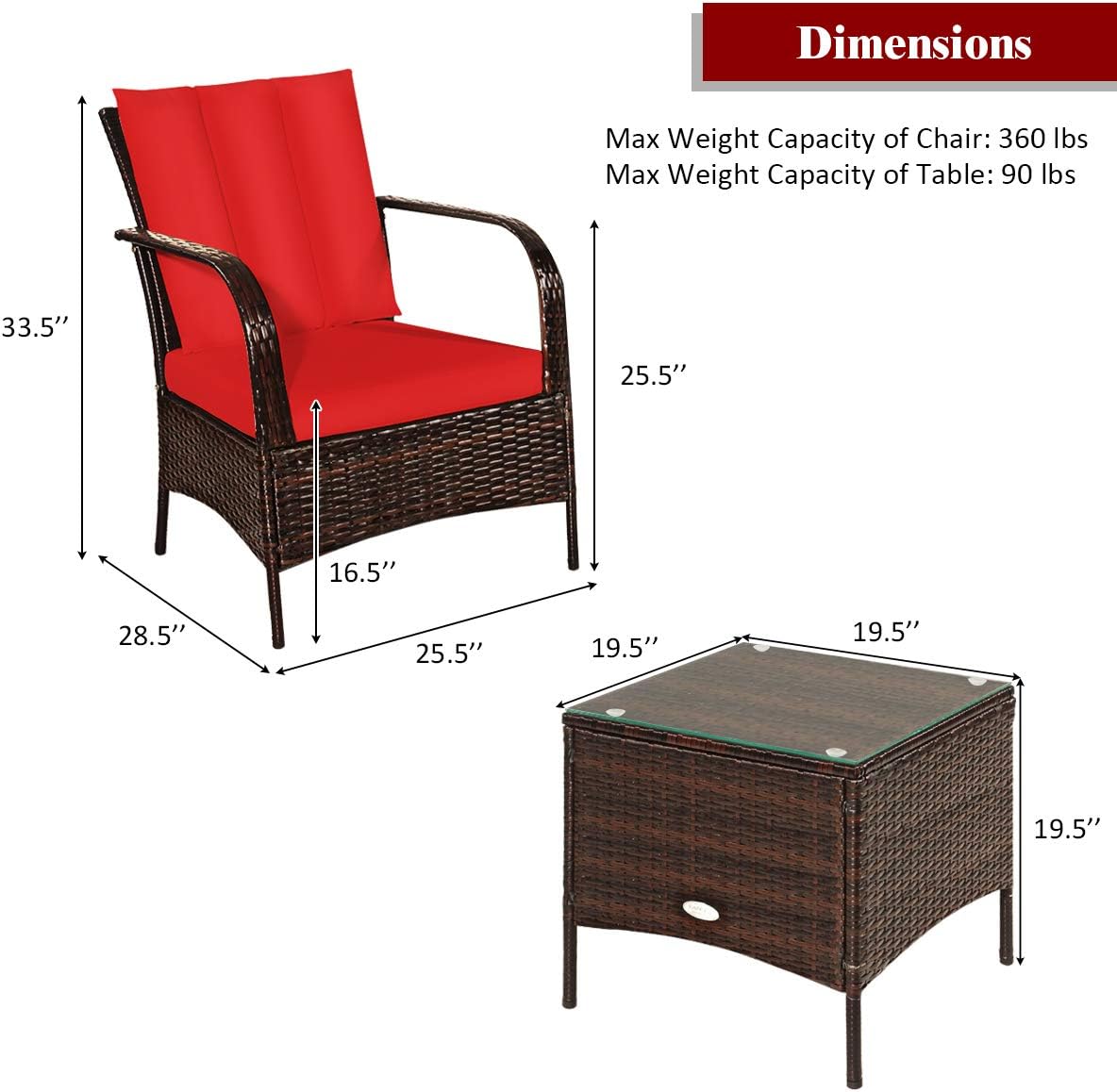 Tangkula 3 Piece Patio Furniture Set, 2 Wicker Chairs with Glass Top Coffee Table, Outdoor Garden Porch Poolside Furniture Set for 2, Rattan Conversation Set