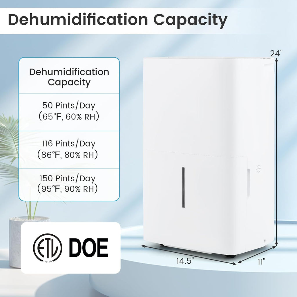 DORTALA 150 Pints Dehumidifier for 7000 Sq.Ft Large Rooms, Basement, Bathroom, Home Dehumidifier with Pump, Drain Hose, 2 Modes, 24H Timer, 2.4 Gal Water Tank, Auto Defrost, White