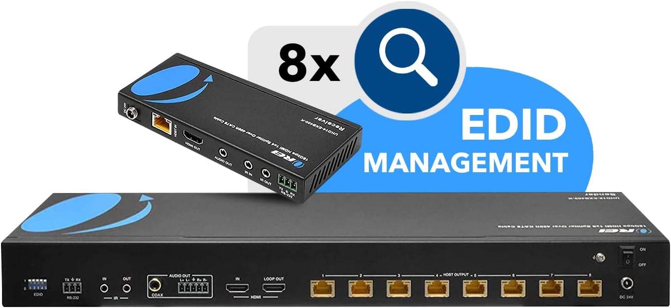 OREI 1x8 HDMI Extender Splitter HDBaseT, Multiple Over Single Cable CAT6/7 4K@60Hz 4:4:4 HDCP 2.2 with IR Remote EDID Management, HDR - Up to 400 Ft - Loop Out - Low Latency - (UHD18-EXB400-K)