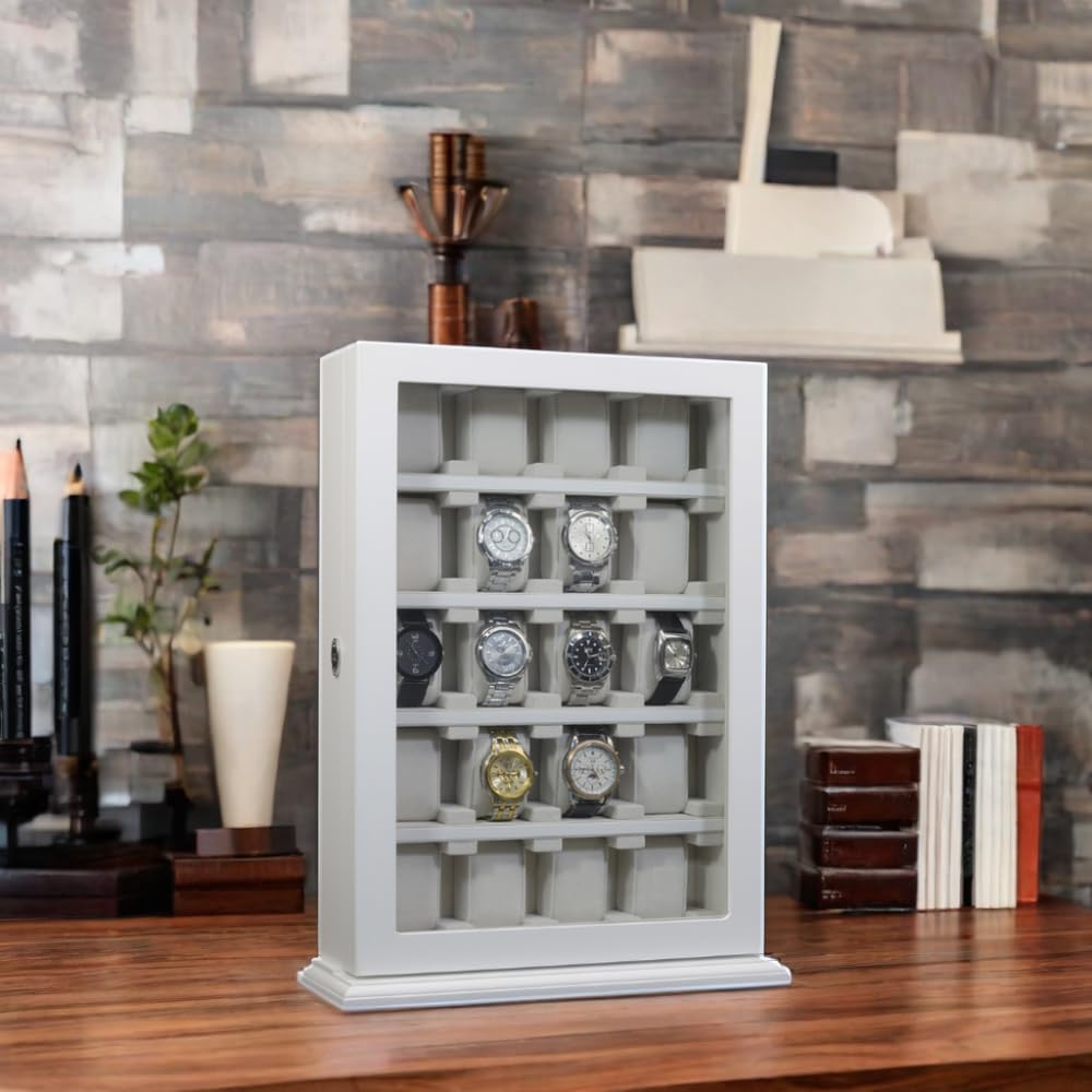 TIMELYBUYS 20 Piece White Wood Watch Display Wall Hanging Case and Storage Organizer Box and Stand for Oversized Watches