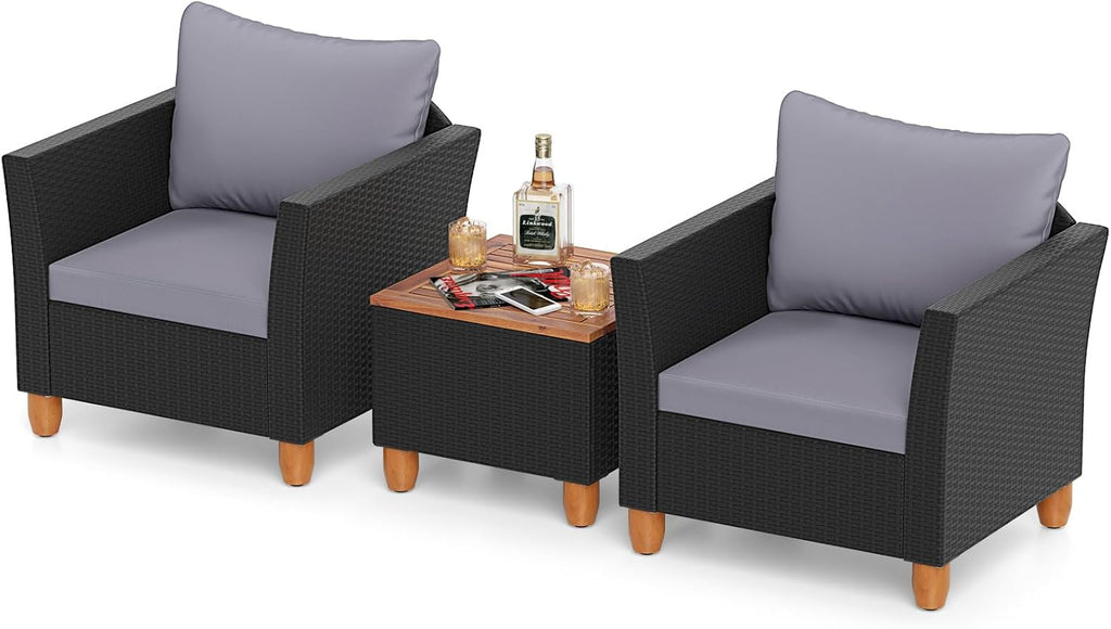 COSTWAY 3 Pieces Patio Rattan Furniture Set, Outdoor Wicker Conversation Chairs Set with Acacia Wood Coffee Table & Washable Cushion, Porch Furniture Bistro Set for Balcony, Garden, Backyard, Grey