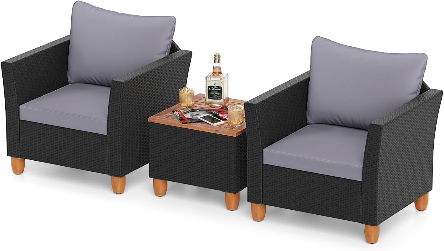 COSTWAY 3 Pieces Patio Rattan Furniture Set, Outdoor Wicker Conversation Chairs Set with Acacia Wood Coffee Table & Washable Cushion, Porch Furniture Bistro Set for Balcony, Garden, Backyard, Grey
