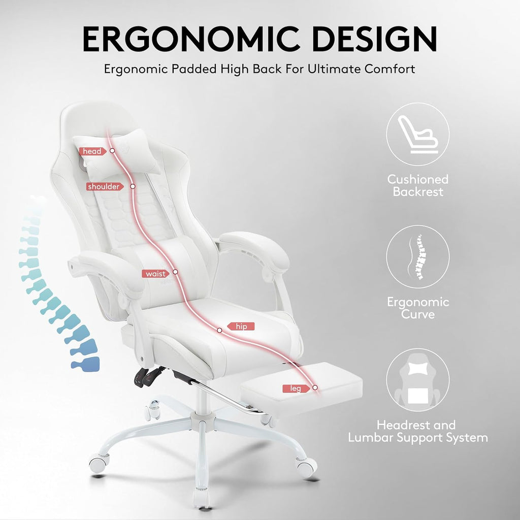 White Gaming Chair,Computer Office Chair with Footrest,Massage Lumbar Support and Gel Pad,Ergonomic Reclining Adjustable Leather Gamer Chair with Headrest and Spring Cushion White