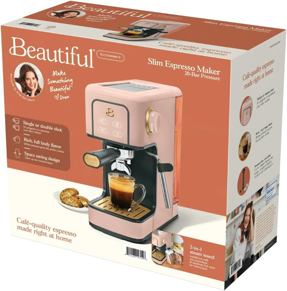 Slim Espresso Maker – 20‑Bar Pressure, Dual‑Spout 52 mm Portafilter, 50 oz Removable Tank, 2‑in‑1 Steam Wand & Touch Controls (Rose)