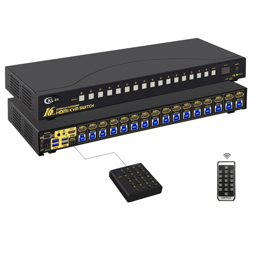 16 Port Rack Mount USB 3.0 KVM Switch HDMI 4K60Hz with Audio, Cables, and 2 pcs USB 3.0 Hub for 16 Computers Sharing Single Monitor Supports Hotkey Switching
