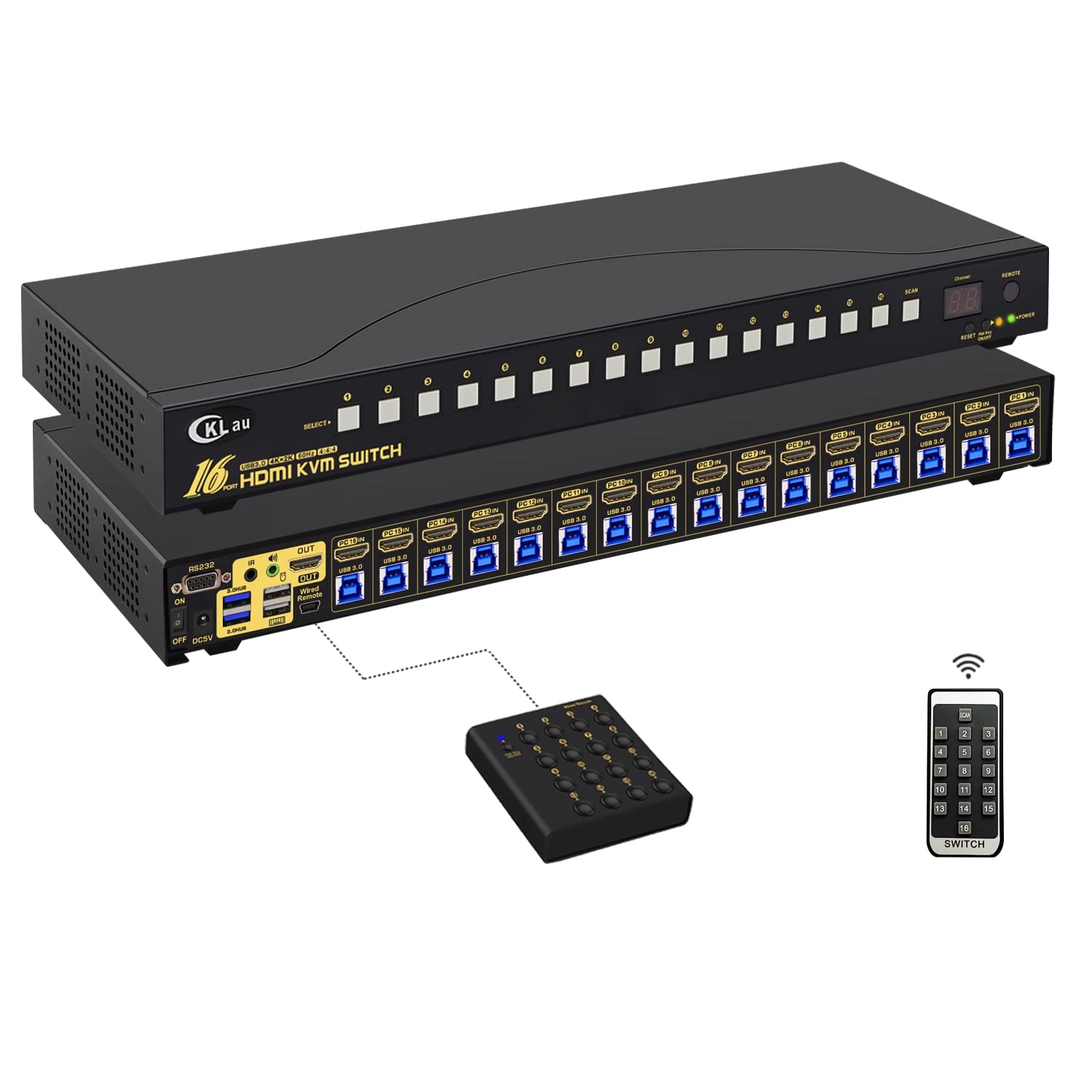 16 Port Rack Mount USB 3.0 KVM Switch HDMI 4K60Hz with Audio, Cables, and 2 pcs USB 3.0 Hub for 16 Computers Sharing Single Monitor Supports Hotkey Switching