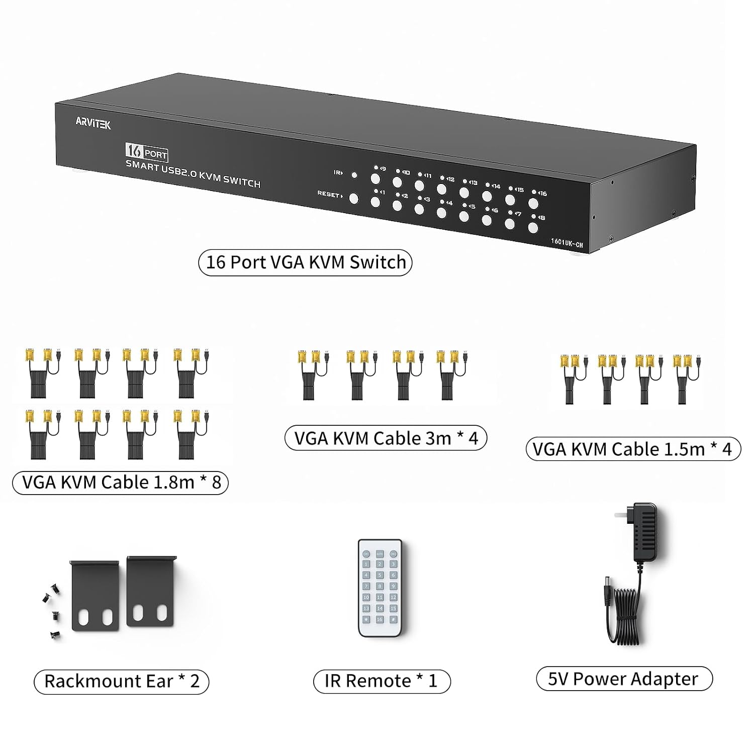 16 Port KVM Switch VGA, 16 Computers Share 1 Set of Monitor, Keyboard, Mouse, Printer, 16 in 1 Out Rack Mount KVM with 3 USB 2.0 Port (Included 16 VGA KVM Cables + Remote)