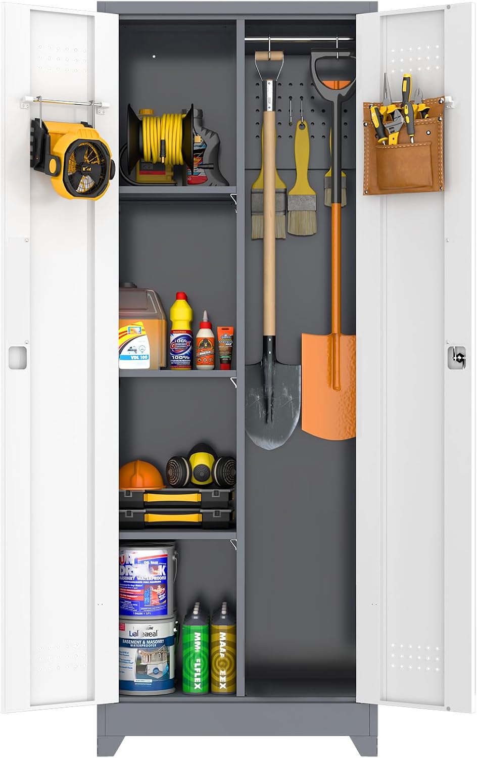 GREATMEET 65'' Garage Storage Cabinet, Broom Closet, Metal Utility Cabinet for Cleaning Supply with Pegboard, Lockable Doors, Adjustable Shelves for Garage, Home, Gray White