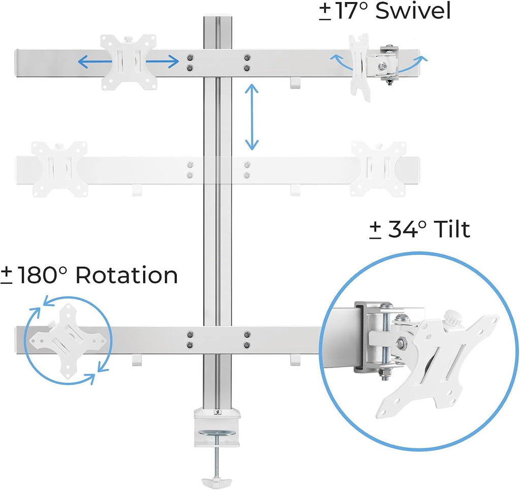 Stand Steady 4 Monitor Mount Desk Setup - Heavy-Duty Height Adjustable Monitor Stand, Swivel Arm with Clamp-On Base, Four Screen VESA Mount Fits Most LCD/LED Monitors 17-32 in. (Silver, 4 Mounts)