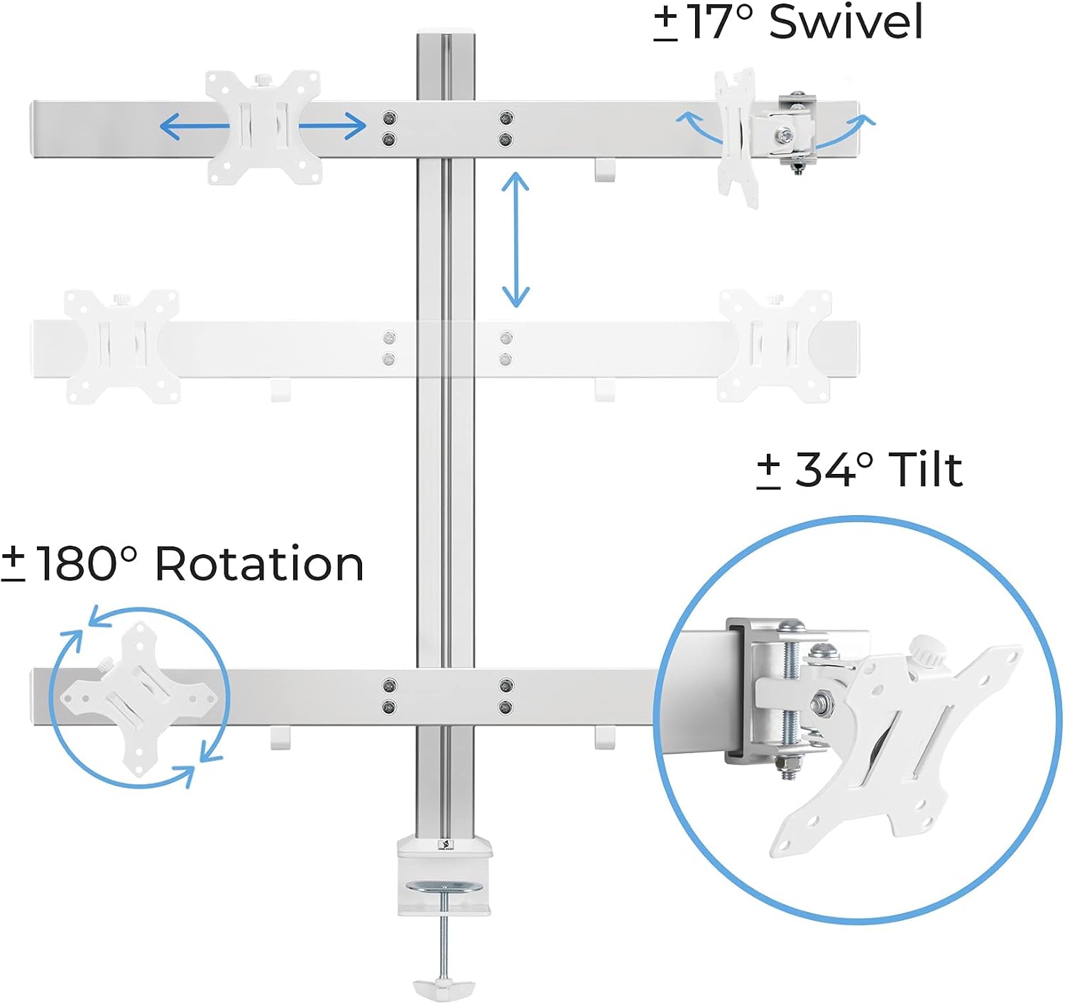 Stand Steady 4 Monitor Mount Desk Setup - Heavy-Duty Height Adjustable Monitor Stand, Swivel Arm with Clamp-On Base, Four Screen VESA Mount Fits Most LCD/LED Monitors 17-32 in. (Silver, 4 Mounts)