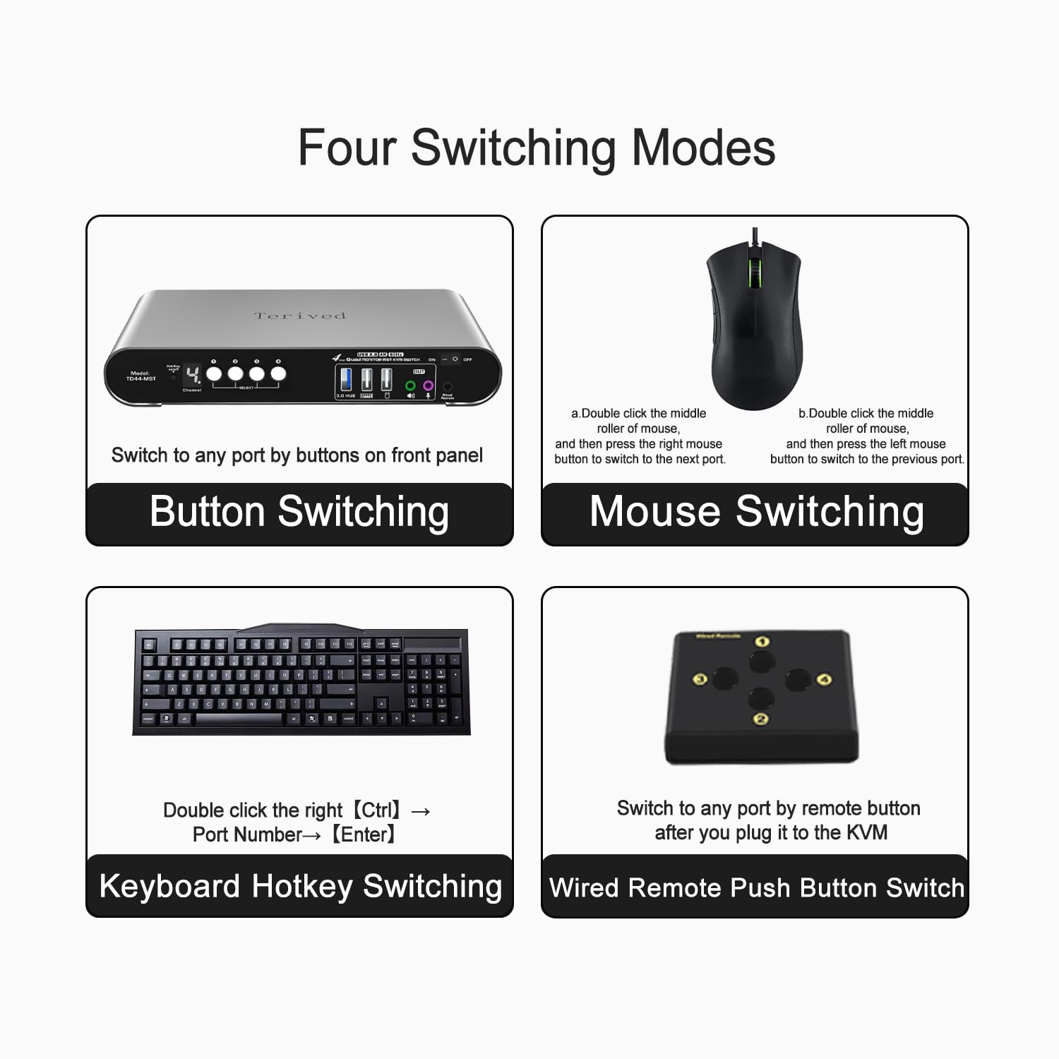 4 Computer 4 DP Monitors MST KVM Switch 4K@60Hz, DP MST USB 3.0 Quad Monitor, Hotkey and Wire Remote, Aluminum Shell, Digital Display, Audio/Mic, HDR10 with Cables (Windows)