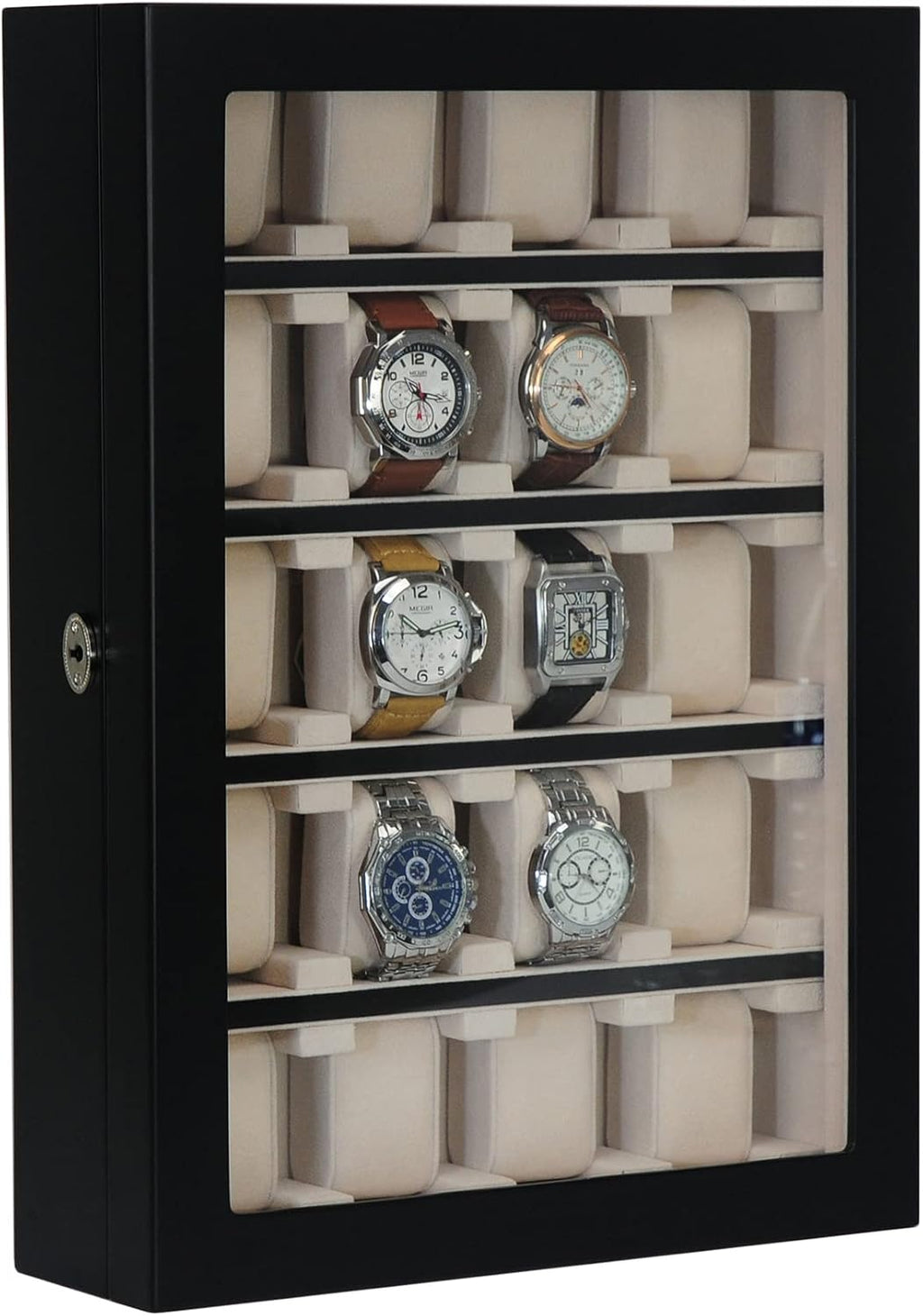 TIMELYBUYS 20 Piece Black Ebony Wood Watch Display Wall Hanging Case and Storage Organizer Box and Stand for Oversized Watches