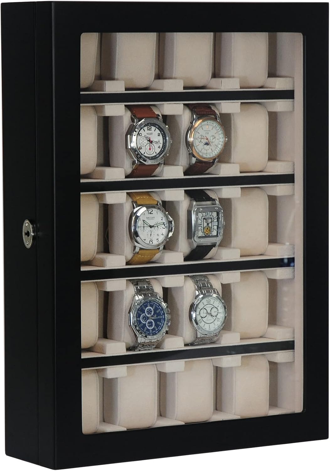 TIMELYBUYS 20 Piece Black Ebony Wood Watch Display Wall Hanging Case and Storage Organizer Box and Stand for Oversized Watches