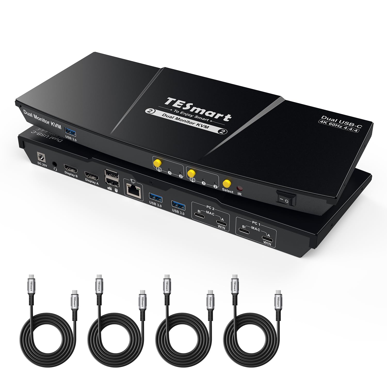 TESmart USB-C KVM Switch 2 Monitors 2 Laptops 4K@60Hz, USB 3.0 KVM Switch Dual Monitor MST, EDID Emulation, 60W PD, 1G Ethernet, 2K@144Hz, 1080P@240Hz, Hotkey Switch, with All Input Cables