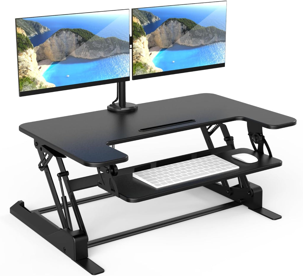 Mount-It! Standing Desk Converter Dual Monitor, 2 Screen Mounts Included, Height Adjustable Desk Riser in Black, Stand Up Desk Convertor Large 36' Wide, Sit Stand Convertor with Manual Lift Gas Spring