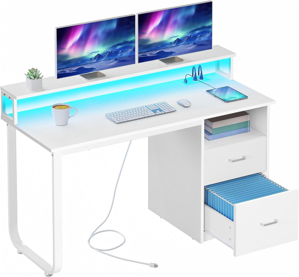 DWVO Office Desk with Drawers, 47' Computer Desk with Power Outlets & LED Light, Home Office Desk with Storage & Monitor Stand, White