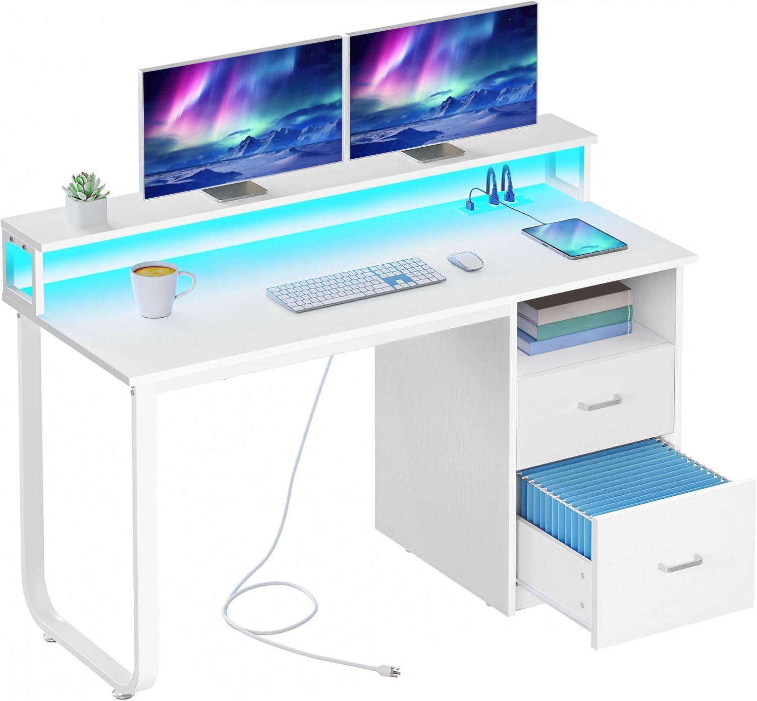 DWVO Office Desk with Drawers, 47' Computer Desk with Power Outlets & LED Light, Home Office Desk with Storage & Monitor Stand, White
