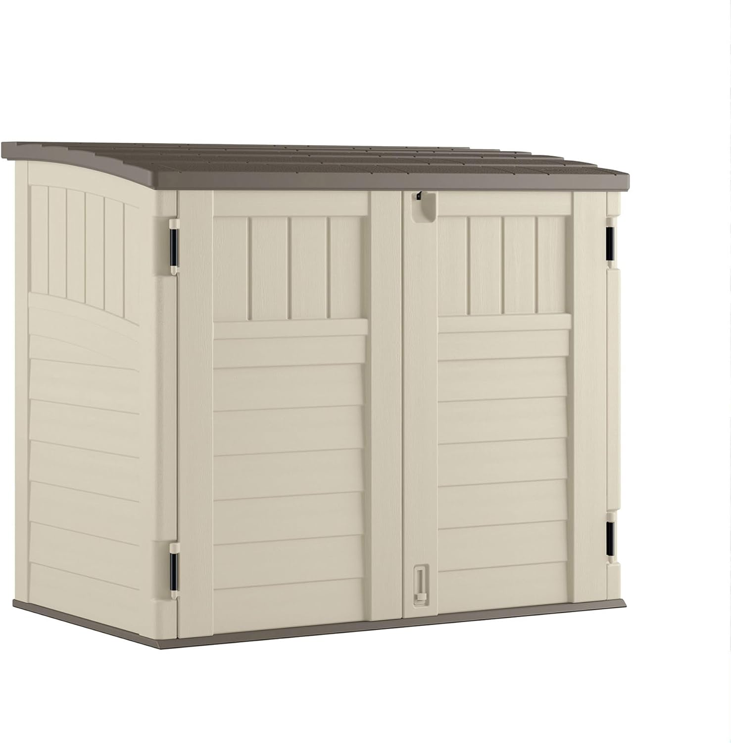 Suncast 34 Cu Ft Horizontal Resin Storage Shed - Outdoor Storage Shed with Floor Included, Lockable, Weatherproof, Fits Small to Medium Trash Cans, Generators, & Garden Tools, Vanilla Stoney
