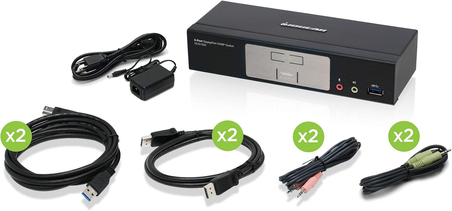 IOGEAR 2-Port DisplayPort KVMP Switch - 4K 60Hz - 2-Port USB 3.1 Hub 5Gbps - Keyboard Mouse Input - 7.1 HD Audio - Front Panel Selector - TAA Compliant - Mac/Win - GCS1932